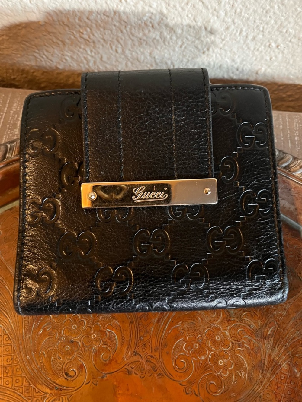 Authentic Gucci Black Embossed GG Leather Short Wallet